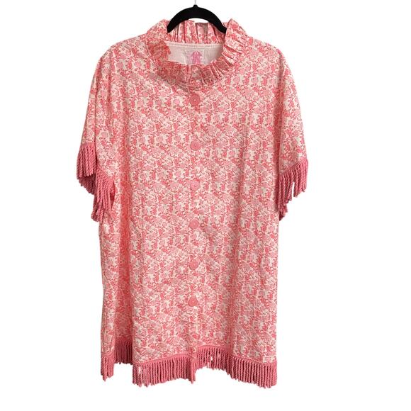Elizabeth Wilson White Pink Floral Print Fringe Trim Button Up Dress Size XXXL - Picture 1 of 8